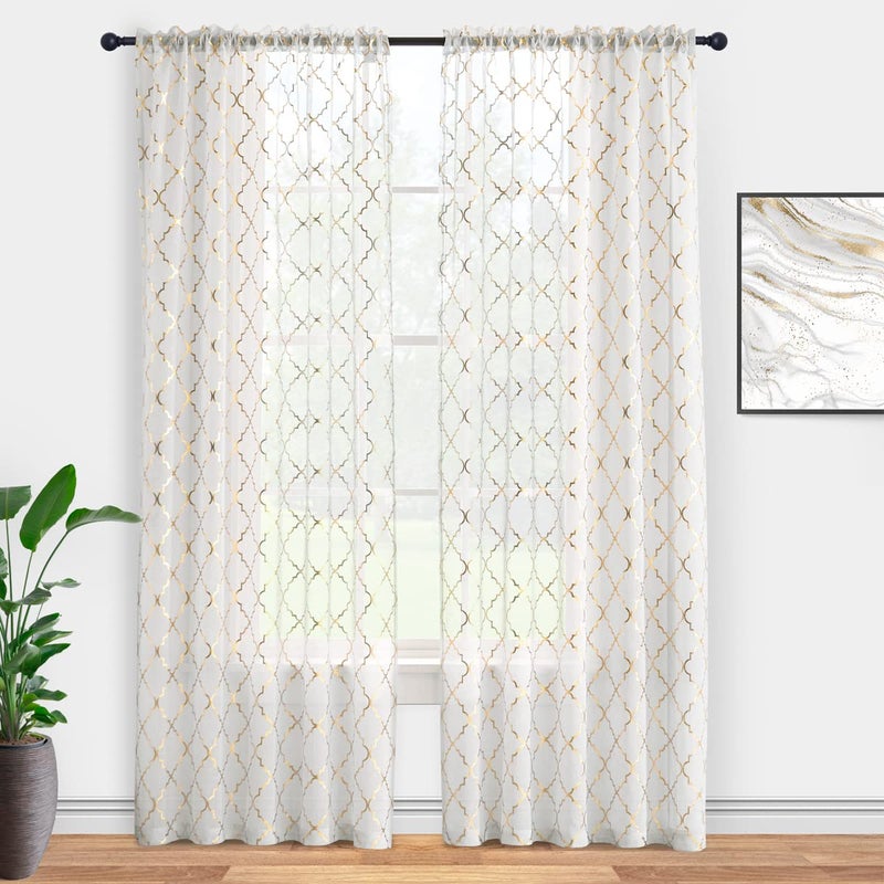 Kotile White Gold Sheer Curtains 84 Inch Length 2 Panels Shimmer Gold Metallic Sheer Curtains for Living Room, Rod Pocket Light Filtering Sparkle Geometric Moroccan Sheer Curtains, W52 x L84 Inch - Image 2